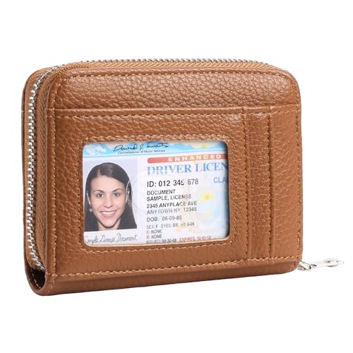 Image of GOIACII Womens Credit Card Holder Wallet Zip RFID Blocking Card Case Wallets Compact Size with ID Window Brown