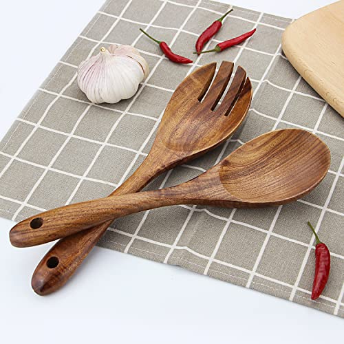 Image of Salad Servers, Salad Tongs, AOOSY 10.2 inches Acacia Wood Serving Spoons Set Salad Mixing Dinner Fork and Spoon Long Handle Salad Server Set Kitchen Cooking Utensil Cutlery Set (2 Pieces)