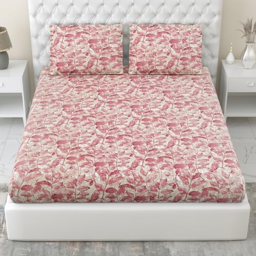 Image of Haus & Kinder Bedsheet for Double Bed, Elastic Fitted Queen Size | 186 TC 1 Fitted Elastic Bed Sheet for Double Size Bed and 2 Pillow Covers (60 X 78 Inches + 13 Inch Deep Pocket) | Leafy Oasis Pink