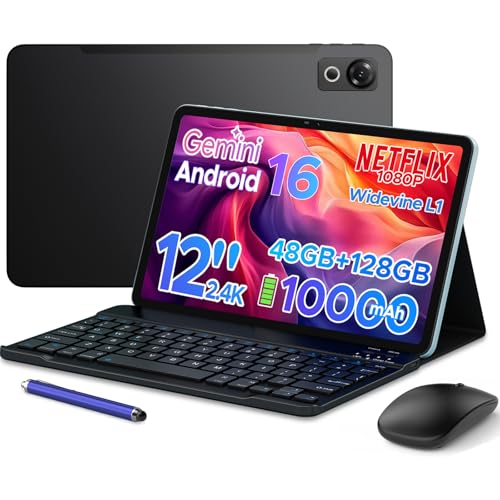 Luzglo P12 Tablet 12 Inch Tablet Android 16 Gemini AI 48GB RAM+128GB ROM/2TB TF IPS 2.4K 120Hz Display T7280 Octa-core 10000mAh/18W 5G WiFi/ 8MP+13MP/ GPS/Face ID/OTG Tablets with Keyboard