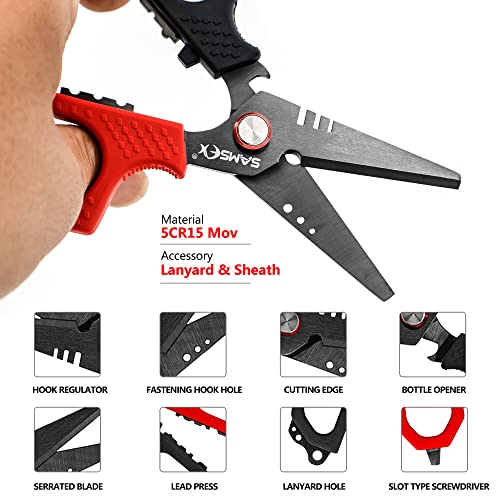 Samsfx Fishing Braid Line Scissors Shears With Titanium Coating And Dual-Serrated Blade, Kraton Handle, Arrives With Hard Sheath And Coiled Lanyard #TOP1