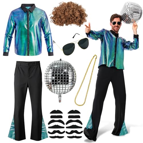 PATEMZON Déguisement Disco Homme, Deguisement Année 70 80 Homme, Chemise Tenue Vintage, Ensemble de Costume Rétro, Perruque + Lunettes + Boule Disco Gonflable, Costume de Carnaval (Bleu, XL)