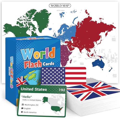 BrightenKidz World Flags Flashcards, 245 Countries Flags, Geography Game with World Map -...