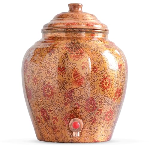 Image of Indian Art Villa Printed Paisely Design Copper Water Dispenser Pot Matka, Storage, Home Kitchen Garden, 6 LTR
