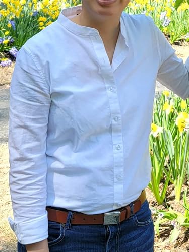 Women's Mandarin Collar Button-Down Shirts Casual Cotton Long Sleeve Blouses4