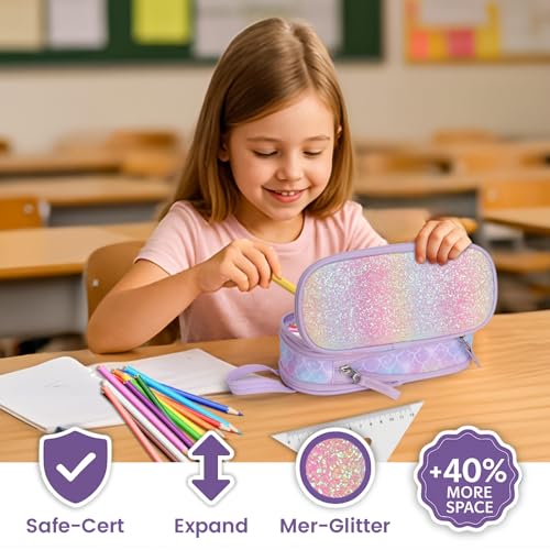 Image of Bagseri Pencil Case for Girls - Large Expandable Kids Pencil Pouch | Wide Opening Pencil Pouch Organizer for School Supplies, Cute Kids Pencil Case for Girls, Glitter Purple Mermaid
