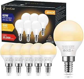 E14 LED Light Bulb Warm White 3000K, JandCase 6W Small Screw Light Bulb, E14 60W Equivalent, 600LM E14 Golf Ball Bulb, Non-Dimmable, G45 P45 Energy Saving Light Bulbs, E14 LED Bulb, 6 Pack