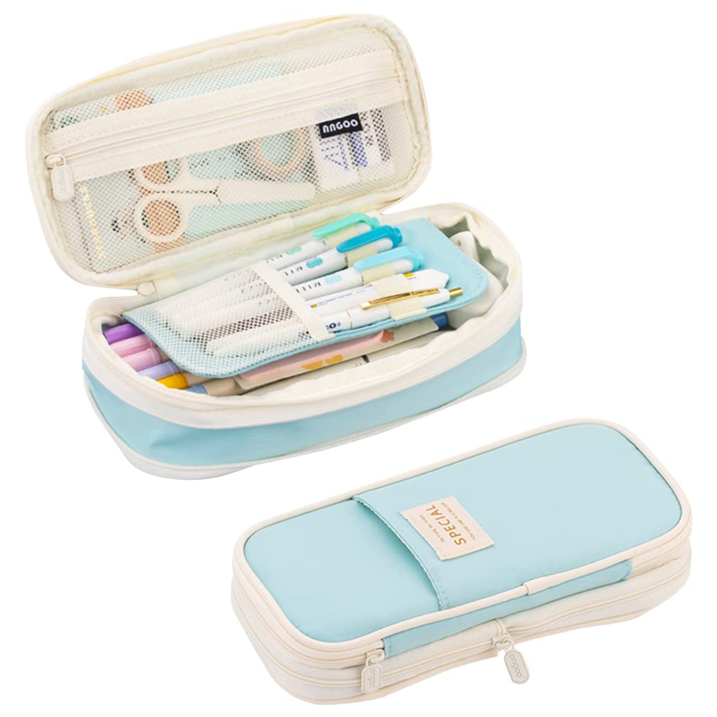 iSuperb Foldable Pencil Case Large Capacity Pencil Pouch Zipper Canvas Stationery Organizers Compartments Pen Bag Cosmetic Makeup Bags for Women Men (Light Blue)