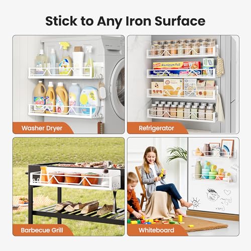 Image of 16.9 Inch Wide Large Capacity Magnetic Spice Rack for Refrigerator, 4 Pack Metal Fridge Shelf, White