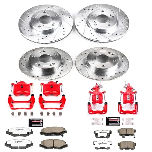 Image of PowerStop Front and Rear Brake & Caliper Kit for Honda Accord 2003-07 - Drilled & Slotted Disc Rotors + Carbon-Fiber Ceramic Brake Pads + Red-Powder Coated Calipers, KC1047-26
