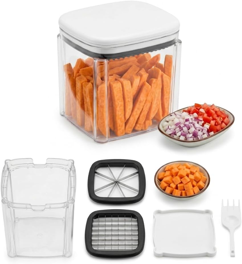 French Fry Cutter 2-in-1 with Manual Potato & Vegetable Chopper, Slicer | container, 2 Stainless Steel Blades