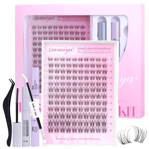 Geeneiya Venus Lashes Clusters Kit DIY Lash Extension 8-14MM Invisible Lash Clusters Soft Band Cluster Eyelash Extensions Kit with Waterproof Lash Bond and Seal Lash Remover Tweezers for Beginners