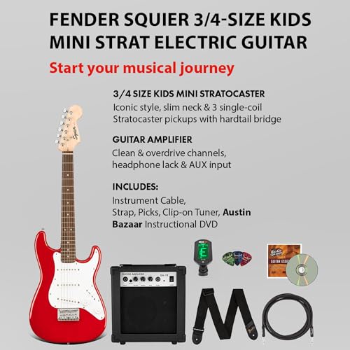 Image of Fender Squier 3 /4-Size Kids Mini Strat Electric Guitar - Red Bundle with Amplifier, Instrument Cable, Tuner, Strap, Picks, and Austin Bazaar Instructional DVD