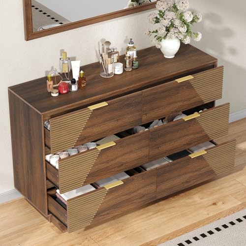 Image of Gyfimoie 47.24 inch Wide Dresser for Bedroom, Chest of Drawers with Fluted Design & Gold Metal Handle, 6 Drawer Dresser with Sturdy Base, Walnut Dresser for Bedroom, Living Room, Hallway
