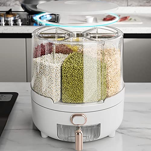 Dispensador de Arroz, Dispensador Giratorio de Alimentos Secos, Contenedor de Almacenamiento de Granos de Cocina de Plá PP con Soporte de 6 Compartimentos para Arroz y (L)