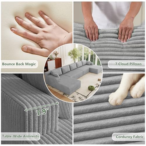Image of 160 inch Modular Sectional Sleeper Sofa, Boneless Cloud Couch for Living Room, U Shaped 3 Seat Sofa with Deep Seat, Free Combination, Couch in a Box, No Assembly Required (Light Grey)