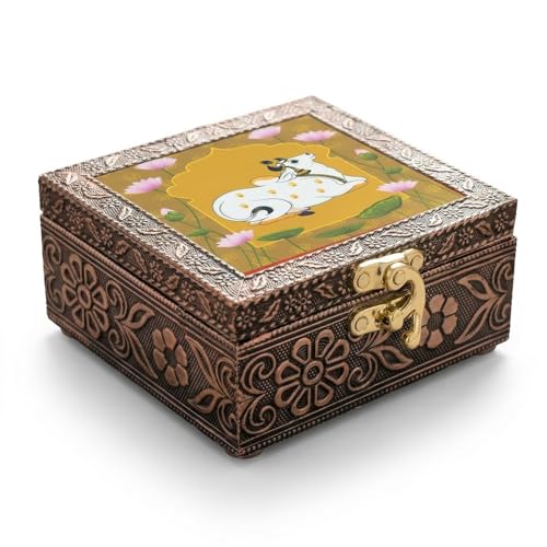 Image of Kamdhenu Wooden Jewellery Box | Handcrafted Decorative Storage Organizer | Traditional, Multipurpose Keepsake Box for Rings, Earrings & Small Accessories | Golden, Pack of 1