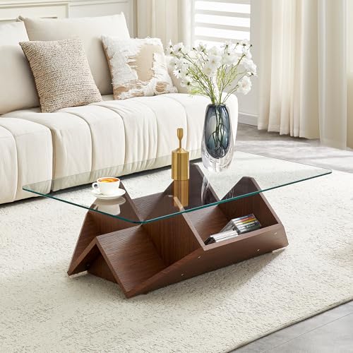 kozamas Mesa de centro con cristal templado y tablero de fibra de densidad media, mesa de salón multifuncional con múltiples compartimentos de almacenamiento, mesa de sofá moderna para oficina y sala