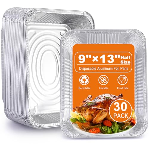 Aluminum Foil Pans 9x13 Disposable – 30 Pack Half Size Aluminum Foil Heavy Duty deep Steam Table Pan, Tin foil Turkey Sheets Tray Chafing Grill Accessories for Cooking, Baking, Storing, Food Prepping