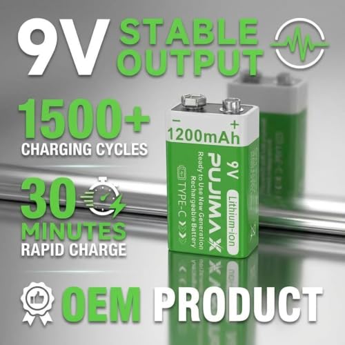 Image of PUJIMAX 9V Rechargeable Battery 1200mAh - High‑Capacity Lithium‑Ion with USB‑C Charger Cable, Long Life (1200+ Cycles), 10‑Year Shelf Life, Reliable 9V Output - 1‑Pack