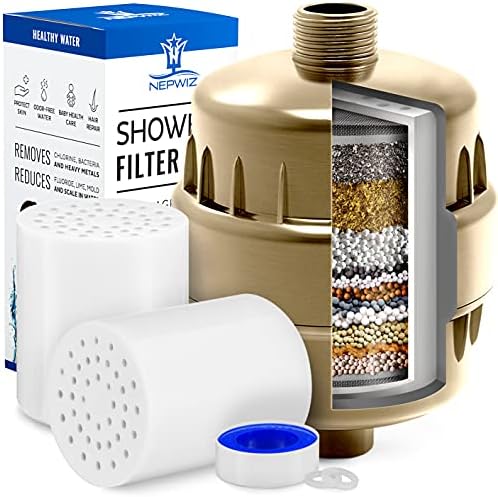 Nepwiz 20 Stage Polished Brass Bathe Filter with Vitamin C for Onerous Water-2 Cartridges Included-Bathe Water Filter Removes Chlorine and Reduces Flouride-For Showerhead and Filtered Bathe Head