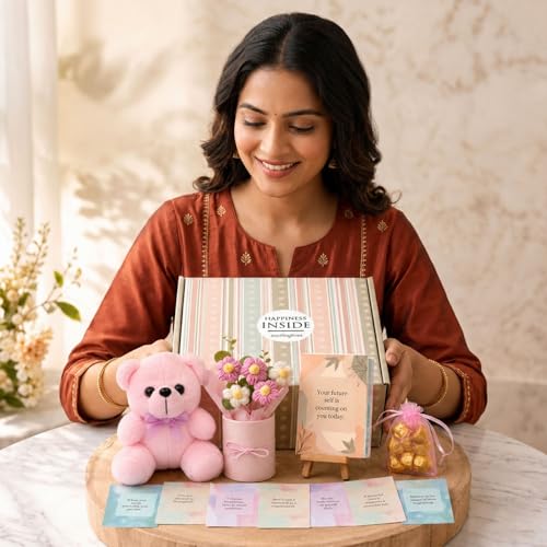 Image of Rakhi Pink Gift Basket Set For Women - Gift With Teddy Bear , Crochet Flower Bouquet, Chocolates and Inspirational Card, Romantic Gift Box for Wife, Girlfriend, Mom, Sister, Behen, Cousin, Raksha Bandhan