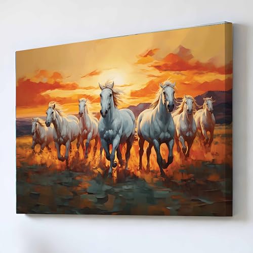 Image of 7 Running Horses Vastu Stretched Canvas Painting For Living Room Seven White Horses Wall Art Painting Symbol of Success, Growth & Positive Energy Wall Art for Home & Office, 12x16 Inch