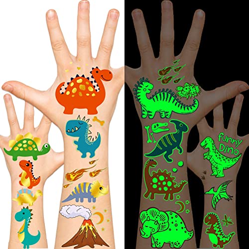 Leesgel Tatuajes temporales de dinosaurio para niños, calcomanías de dinosaurio, suministros de fiesta de cumpleaños de dinosaurios (37 estilos de brillo + purpurina metálica)