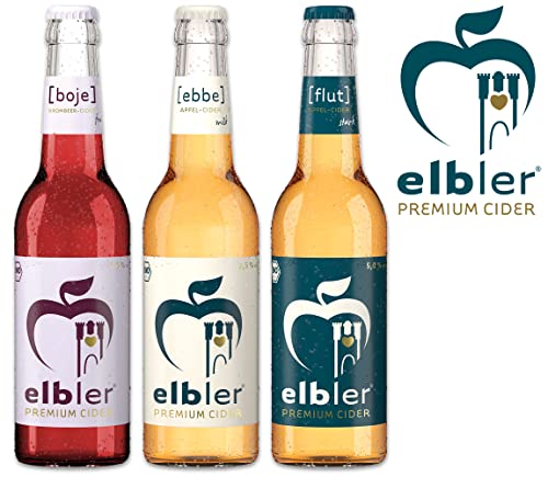 Elbler Cider, Mix 24-er Pack: 8 x Ebbe 2.5% Vol., 8 x Boje 4.0% Vol., 8 x Flut 5.0% Vol., 0,33 l, inkl. 1,92€ Pfand, Äpfel & Brombeeren, Vegan, Handgemachter Cider, 100% Bio-Obst, Kalorienarm