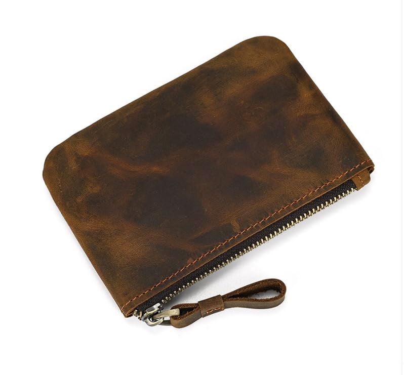 Genuine Leather Small Zipper Pouch Coin Purse Change Holder (Brown)3