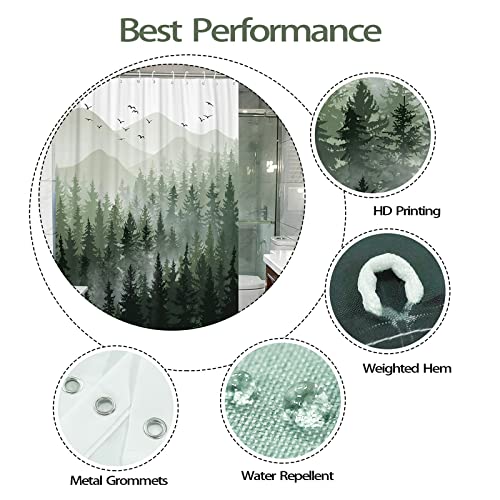 Accnicc Green Misty Forest Shower Curtain Set Ombre Sage Green White Waterproof Fabric Nature Tree Mountain Woodland Decorative Bathroom Bath Curtain Decor (72'' × 72'', Green) #TOP5