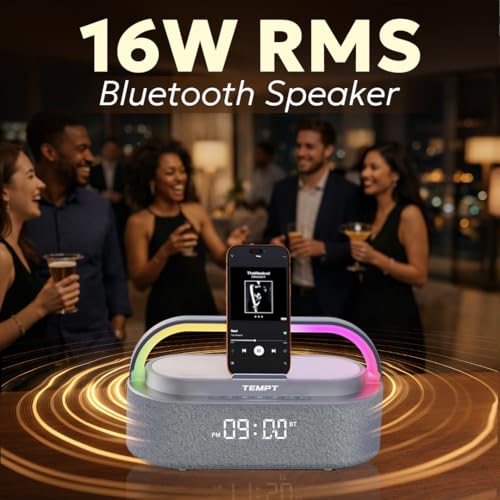 Image of TEMPT Privee Fusion 4-in-1 Bluetooth Speaker, Charger, Clock & Stand, Grey | 16W Sound Output, 15W Wireless Charging, 12 RGB Light Modes, Dual Subwoofers, 7 Hour Playtime, Bright Digital Screen Displays