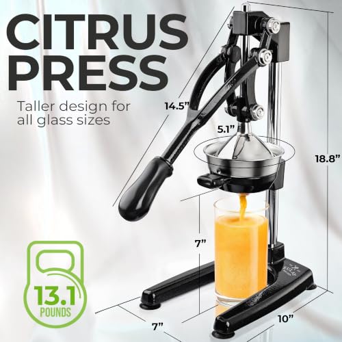 Image of Zulay Kitchen Pulperizer 9 in 1 Cast Iron Juicer - Easy-to-Clean Heavy-Duty Manual Juicer with Presser Attachment to Juice All Types of Fruits! Extra Tall with Stainless Steel Bowl - Black