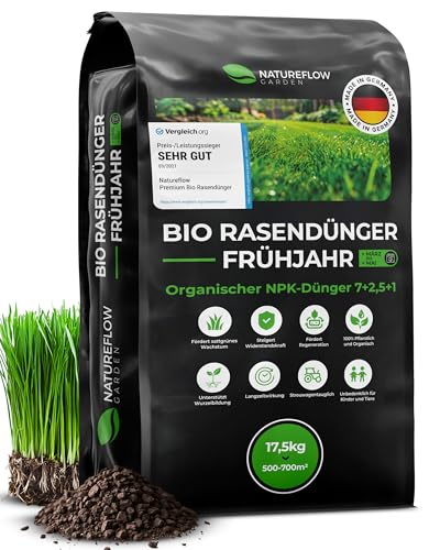 Bio Rasendünger Frühjahr & Sommer TESTSIEGER Made in Germany – 17,5kg für 700qm - Organischer Rasendünger Bio für gesunden Boden & sattgrünen Rasen - Dünger Rasen, Frühjahrsdünger Rasen