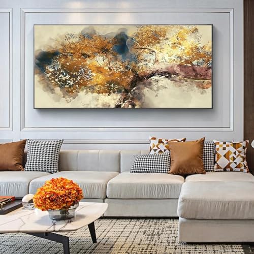 Peinture sur toile abstraite feuille d'arbre doré 80x160 cm