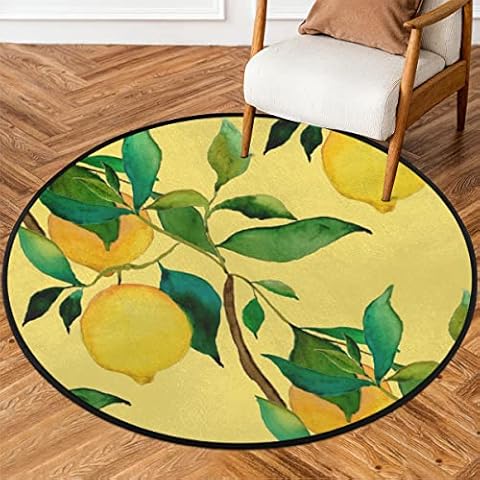 Lemon Tree Leaves Round Rug 5.2Ft Yellow Non Slip Round Area Rug for Bedroom Living Room, Soft Throw Rugs Play Rug Circular Area Rugs Circle Playhouse Carpet Cover