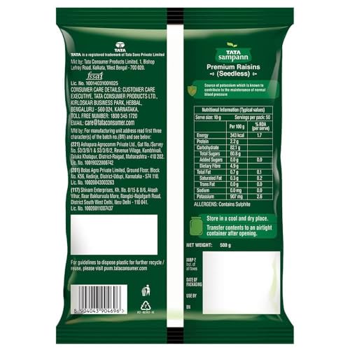 Image of Tata Sampann Pure Raisins Seedless /Kishmish, 500g, Source Of Potassium, Premium Dry Fruits, Green Raisins (Pack of 3)