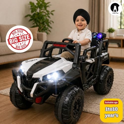 Image of Little Pup 12V Battery Operated Ride On Jeep for Kids | Big Size 4x4 Electric Car with Bluetooth Music, LED Lights, Rechargeable Battery, Openable Doors & Suspension | Kids Jeep Age 1-10 Years (White)