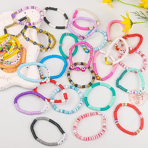 LUYI 32 Pcs Preppy Jewelry Bracelets for Women Clay Bead Colorful Surfer Heishi Bracelet Set Stackable Beaded Friendship Stretch Bracelets Boho Y2K Summer Beach Elastic Layering Bracelets by LUYI - Image 6