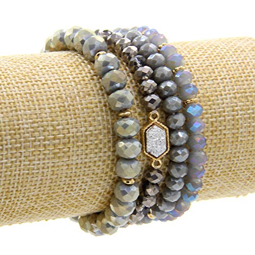 Image of Gold Beaded Bracelet Set, Square Stone Hexagon Druzy Stretch Beaded Stackable Bracelets Bangles