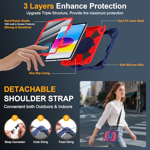 Image of Case for iPad (A16) 11th Generation 11 Inch 2025, Ubearkk for iPad 10th Generation 10.9 inch 2022 case with Screen Protector 360 Degree Rotating Stand Shoulder Strap Pencil Holder, Navy Red