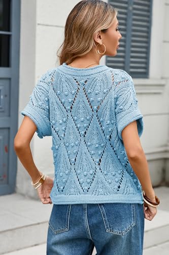 Image of Cakulo Womens Summer Crochet Boho Crop Tops Short Sleeve Lightweight Knit Sweater 2026 Beach Vacation Cruise Resort Wear