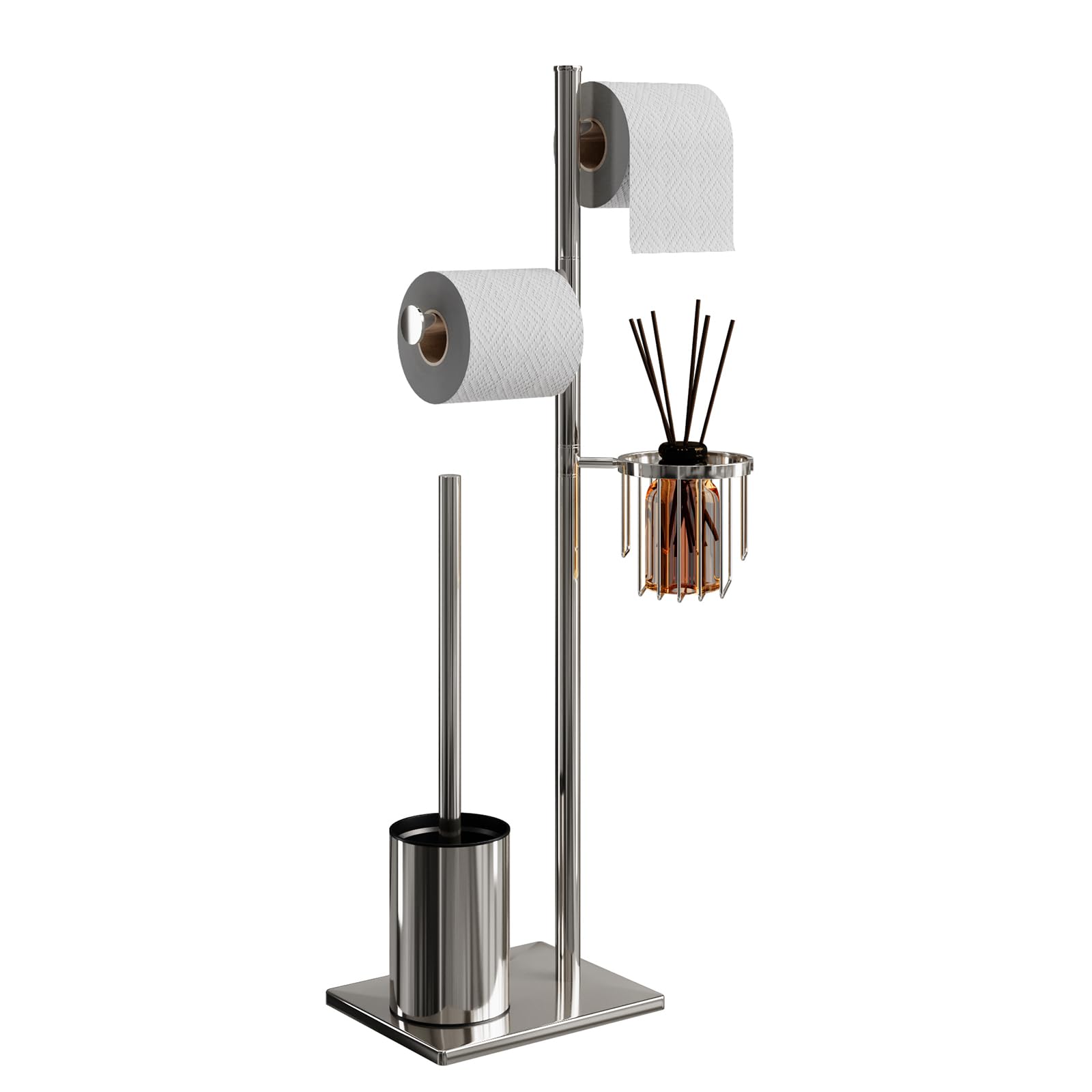 Toilet Paper Holder Set Stainless Steel Chrome Freestanding Toilet Brush and Storage Basket Perfect for Organizing Bathroom with Elegance and Practicality