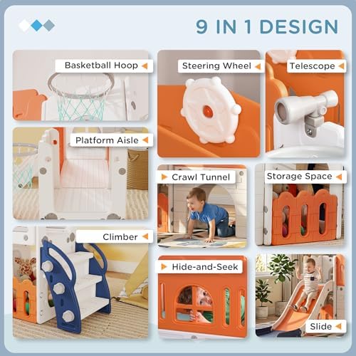 Qaba Toddler Slide 9 in 1 Toddler Playset Basketball Hoop 1-3 Years Orange — view 2