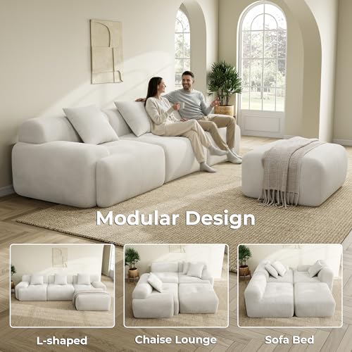 Image of LIKIMIO LumiCord Modular Sectional Sofa with Ottoman, 118 inch L-Shaped Boneless Couch for Living Room, Oversized Deep Seat with Corduroy Upholstery, No Assembly Required, Beige