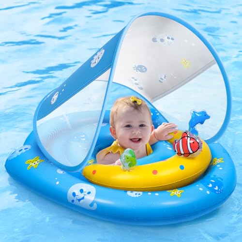 Image of Baby Pool Float - Inflatable Infant Pool Float with Canopy UPF50+ Sun Protection - Baby Swimming Float Toy Play Console for 6-36 Months Toddler-Bule