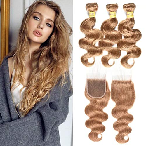MY LIKE Honey Blonde Body Wave 3 Bundles with Lace Closure #27 Brazilian Blonde Human Hair Weave Unprocessed Virgin Remy Hair Weft Bundles Deal (12 12 14 +12 Closure)