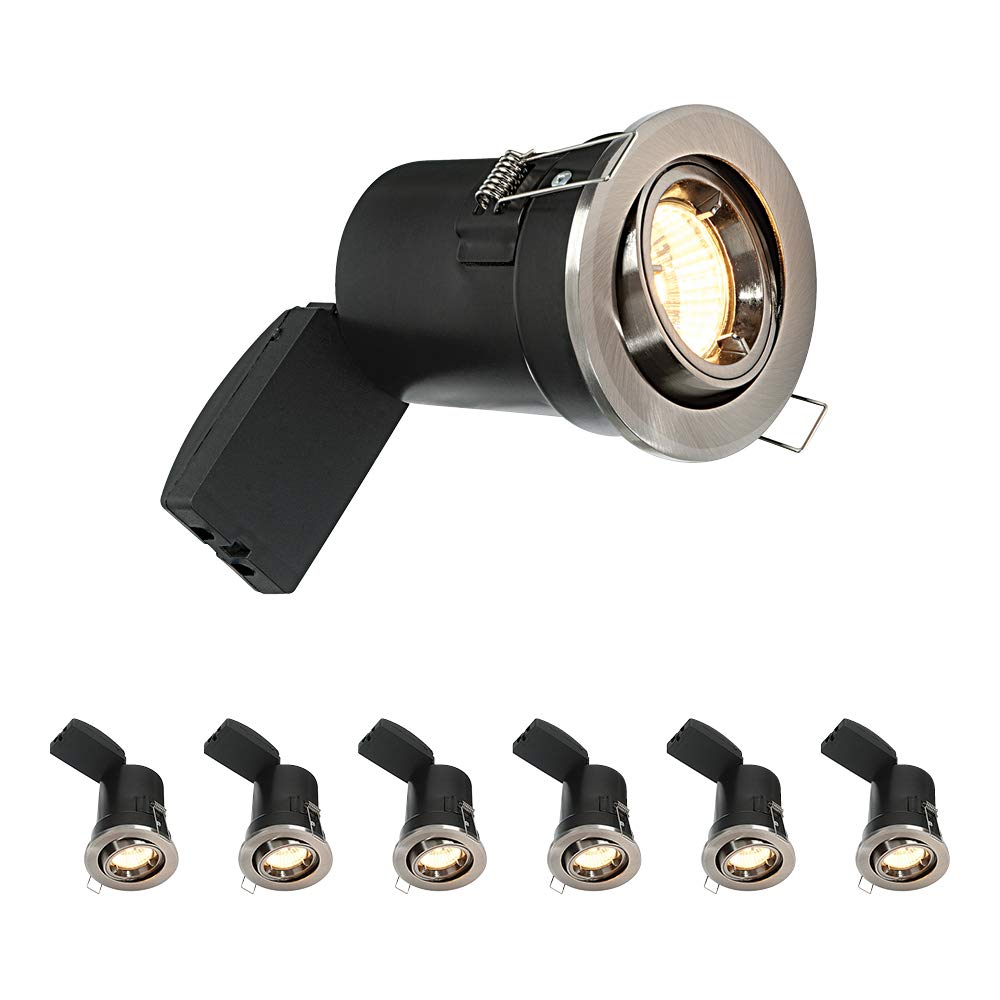 National Lighting Fire Rated Downlights, Brushed Chrome Adjustable Ceiling Lights, GU10 Halogen or LED, Dimmable Recessed Spotlights IP20 Rated - Pack of 6