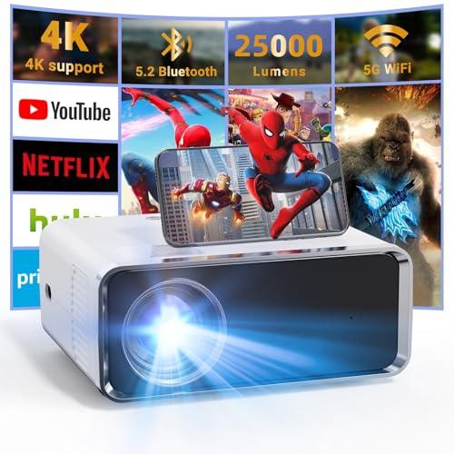 Mini Beamer 4K, Full HD Beamer mit Bluetooth – Native 1080P Tragbarer Outdoor Projektor mit Lautsprecher, Kompatibel mit Smartphone, HDMI, USB, AV, TV-Stick, PS5 für Heimkino, Schlafzimmer