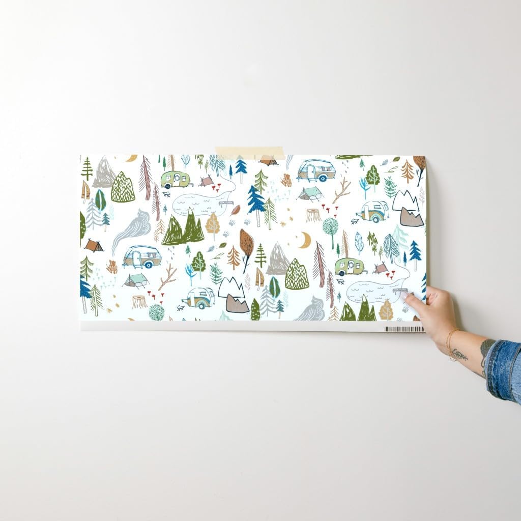 Peel & Stick Wallpaper Swatch - Camper White Caravan Tent Mountain Forest Mushroom Summer Vacation Boy Bear Custom Removable Wallpaper by Spoonflower